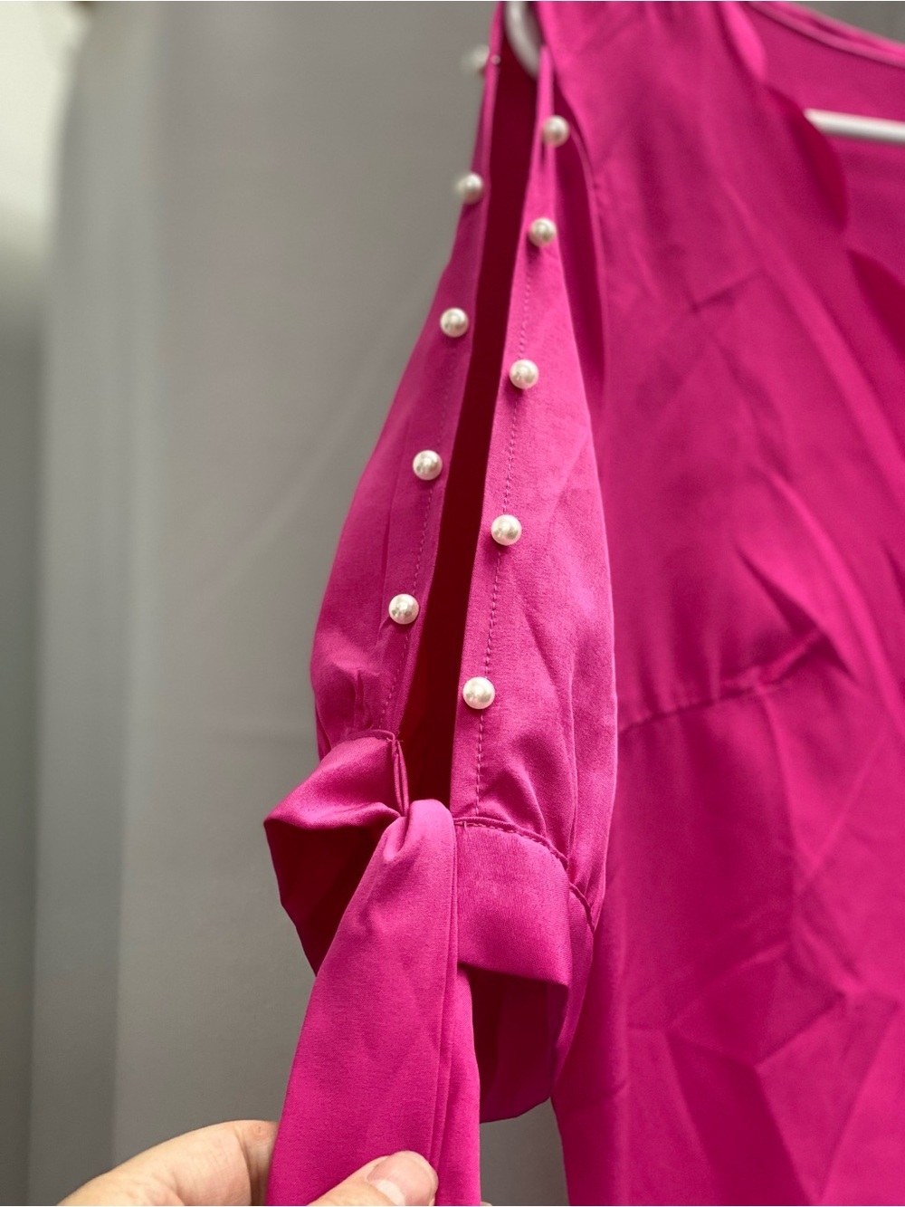 Hot Pink Cold-Shoulder Shift Dress with Pearl Accents - Picture 2 of 4